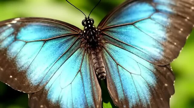 Close-up of a vibrant blue morpho butterfly delicately opening and closing its iridescent wings in a natural green environment