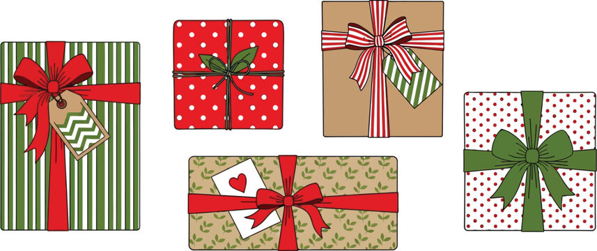 Wrapped christmas gifts with bows and tags holiday presents vector editable vector