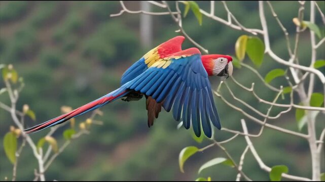 Vibrant macaw parrot in mid-flight against lush greenery