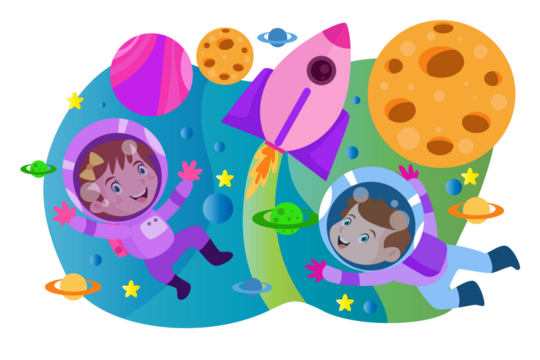 Cartoon Astronauts Floating among Planets with Rocket and Stars in Colorful Space Scene with Gradient Blue Background