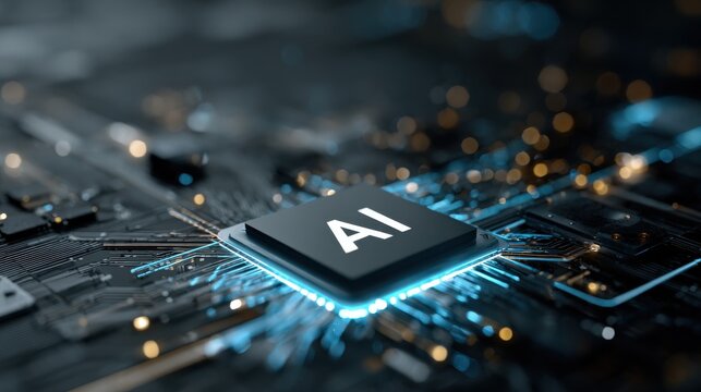 A glowing AI icon takes center stage as it floats in a dark cyberspace filled with neon data streams and subtle geometric patterns. Bright circuits radiate from the core.