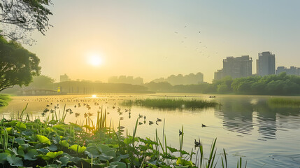 SunriseOverCityLakeWithBirds