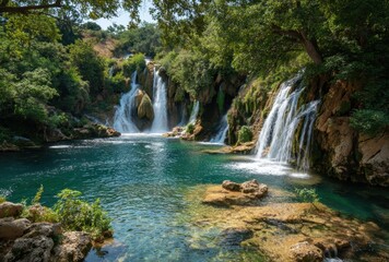 Obraz premium A serene landscape featuring a tranquil waterfall cascading into a crystal clear pool surrounded by greenery