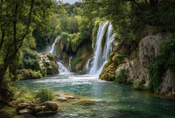 Fototapeta premium A serene landscape featuring cascading waterfalls surrounded by lush greenery and calm waters