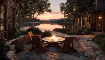 A serene outdoor patio with a crackling fire pit, offering a tranquil view of the lake at sunset.