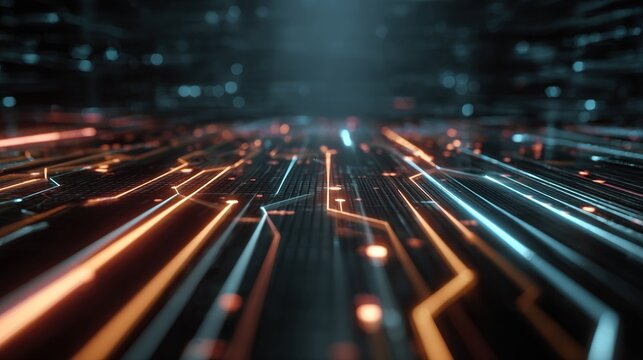 Close-up view of a circuit board with glowing lines of orange and blue light, blurred bokeh