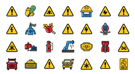 Ensure workplace safety with vibrant hazard icons, ideal for training and compliance materials emphasizing caution and risk prevention in industrial settings