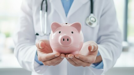 Doctor safeguarding a pink piggy bank, symbolizing financial planning, medical savings, health insurance, and healthcare costs
