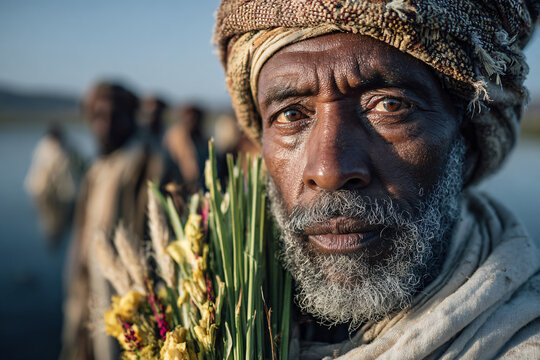 Close-up of an elderly Oromo man at Irreecha Festival holding a bundle of green grass and flowers, symbolizing blessing and thankfulness. 