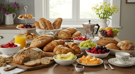 Gourmet brunch table with artisanal breads, fresh fruits, and elegant morning atmosphere