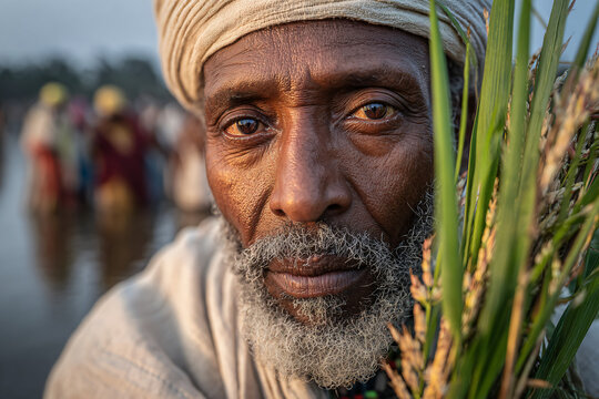 Close-up of an elderly Oromo man at Irreecha Festival holding a bundle of green grass and flowers, symbolizing blessing and thankfulness. 