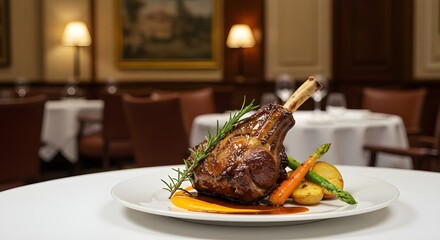 Roasted lamb dish beautifully plated and served in a luxurious fine dining restaurant setting