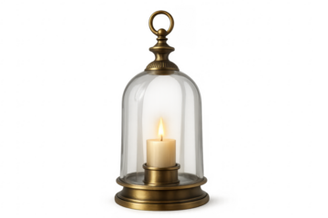 Vintage brass cloche with burning candle, transparent background