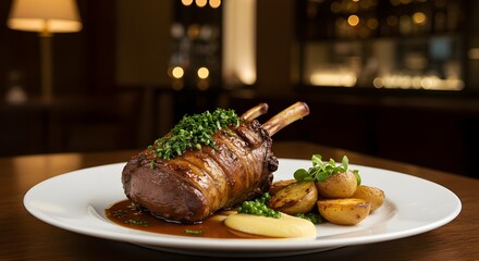 Roasted lamb dish beautifully plated and served in a luxurious fine dining restaurant setting