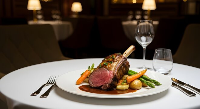 Roasted lamb dish beautifully plated and served in a luxurious fine dining restaurant setting
