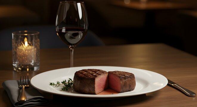 Glass of red wine paired with filet mignon in elegant restaurant setting, fine dining experience