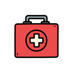 Obraz premium Cartoon First Aid Kit Illustration with Red Case White Cross and Black Outline on Transparent Background