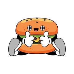 Cartoon Burger Character Giving Thumbs Up on Transparent Background Isolated Illustration of a Cheerful Food Mascot with Buns Lettuce and Cheese