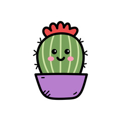 Cartoon Green Cactus in Purple Pot with Red Flowers on Transparent Background