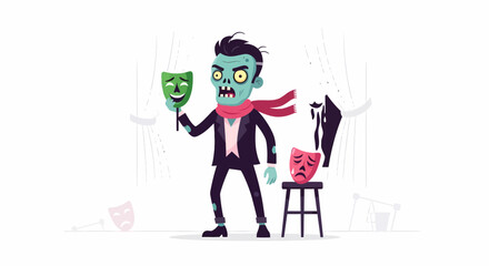 Cartoon Zombie Actor with Green Comedy Mask and Red Tragedy Mask.