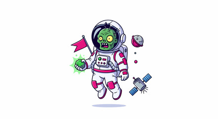 Fototapeta premium Cartoon Zombie Astronaut Floating with Flag Satellite and Glowing Meteorite.