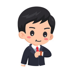 Cartoon Businessman with Dark Hair Wearing Black Suit and Red Tie Checking Time on Wristwatch on Transparent Background