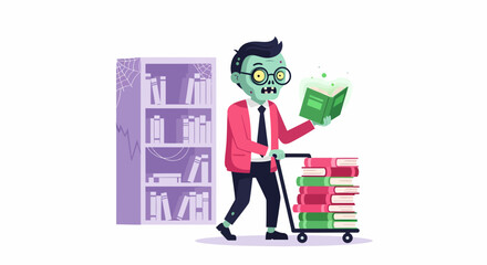 Cartoon Zombie Librarian with Book Cart and Glowing Book in Hand.