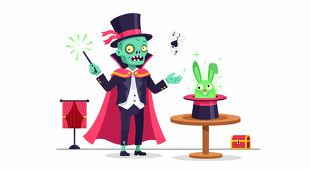 Cartoon Zombie Magician with Wand Cards and Green Rabbit in a Top Hat.