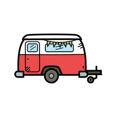 Cartoon Camper Trailer with Red and White Body and Bunting on Transparent Background