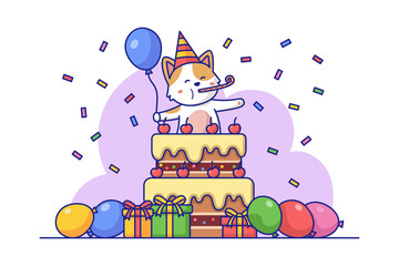 Cartoon Cat in Party Hat on Layered Cake with Presents and Balloons in Colorful Festive Celebration...