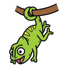Cartoon Chameleon Hanging Upside Down from a Branch with Green Skin and Yellow Stripes on Transparent Background