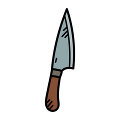 Cartoon Chef Knife Illustration on White Background Kitchen Utensil Hand Drawn Icon Single Object Metal Blade Sharp Point Brown Handle