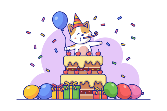 Cartoon Cat in Party Hat on Layered Cake with Presents and Balloons in Colorful Festive Celebration against Transparent Background