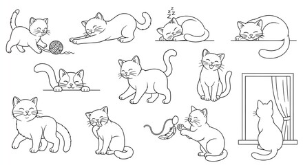 Naklejka premium A set of line art illustrations featuring cute kittens in various poses and activities, including playing, stretching, sleeping, and sitting