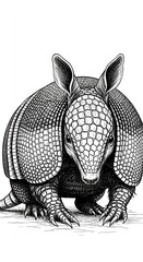 ​A detailed black and white ink drawing of an armadillo, showcasing its unique armor and features