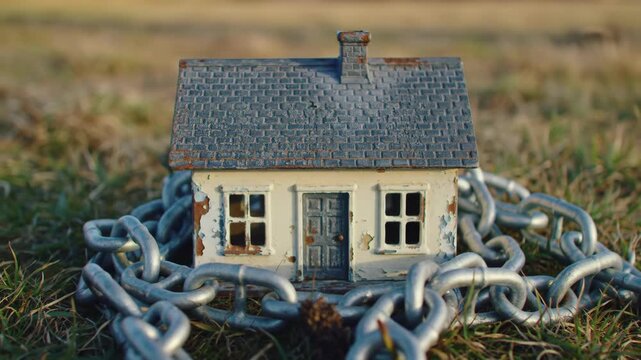 Miniature house chained outdoors with blurred grass background, symbolizing constraint or housing crisis