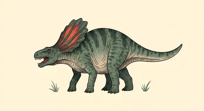 A vibrant green centrosaurus with a red frill stands on a neutral background with sparse grass