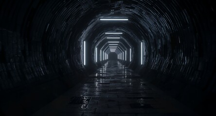 Tunnel Interior with Neon Lighting, Abstract Perspective