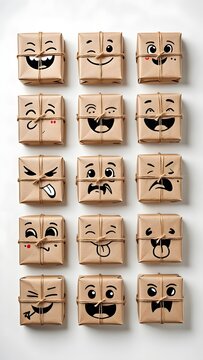 Expressive parcels wrapped in brown paper with drawn faces and tied with string arranged neatly
