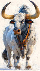 Textured Oil Painting Style Portrait of a Powerful White Bull with Large Horns and Adornment