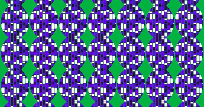 Animation of circles made of violet rectangles changing colours