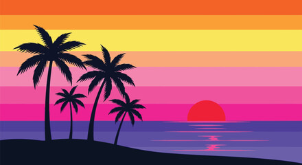 Fototapeta premium Tropical sunset beach wallpaper with palm trees and ocean view editable vector
