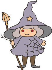 Cute halloween witch doodle in cartoon hand drawing style 