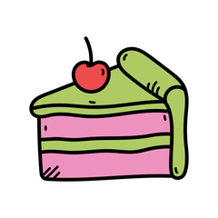Cartoon Slice of Pink and Green Layer Cake with Red Cherry on Top Illustration Against Transparent Background