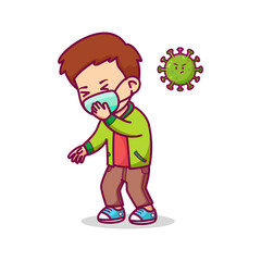 Cartoon Sick Boy Wearing Face Mask Coughing with Green Virus on Transparent Background