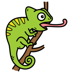 Cartoon Green Chameleon on Brown Branch with Tongue Out in Isolated Transparent Background Animal Representation