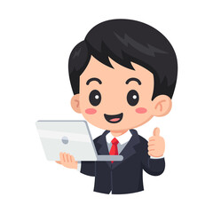 Cartoon Man Holding Laptop with Transparent Background Illustration Smiling Business Professional in Dark Suit with Red Tie Giving Thumbs Up