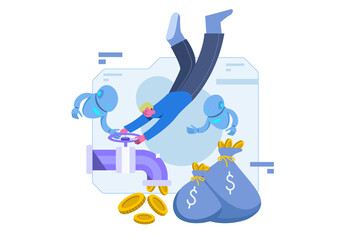 Cartoon Man Controls Money Flow from Digital Robots Turning Valve with Gold Coins and Money Bags on Transparent Background