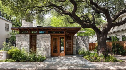 Stone structure with wooden accents in a garden setting.