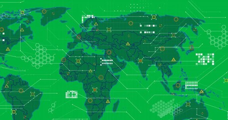 Animation of data processing over world map on transparent background - Powered by Adobe